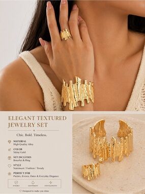 Gold Textured Statement Cuff Bracelet and Ring Set - Women Jewelry